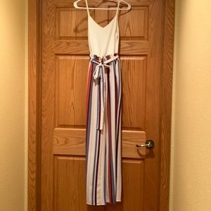 Cream spaghetti strap striped bottom jumpsuit